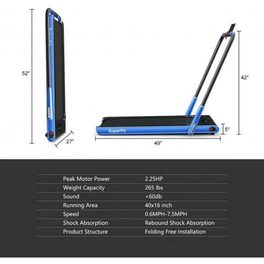 2-in-1 Folding Treadmill with RC Bluetooth Speaker LED Display-Blue