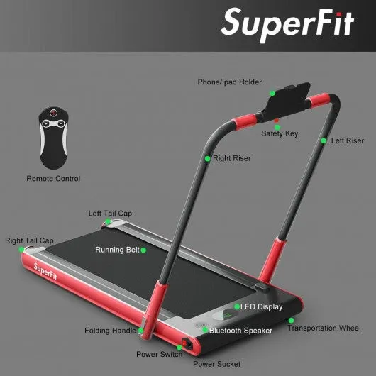 2-in-1 Folding Treadmill with RC Bluetooth Speaker LED Display-Red