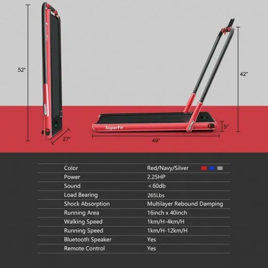 2-in-1 Folding Treadmill with RC Bluetooth Speaker LED Display-Red