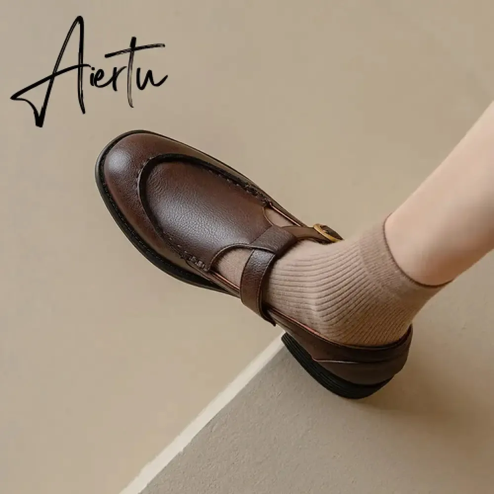 Aiertu NEW Spring Women's Pumps Genuine Leather Shoes for Women Round Toe Chunky Heel Shoes Retro Low Heel Mary Janes Retro Brown Shoes