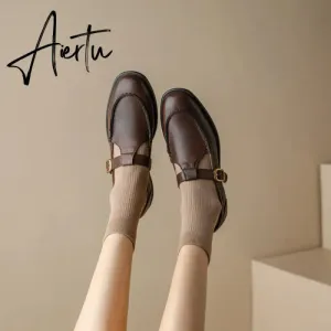 Aiertu NEW Spring Women's Pumps Genuine Leather Shoes for Women Round Toe Chunky Heel Shoes Retro Low Heel Mary Janes Retro Brown Shoes