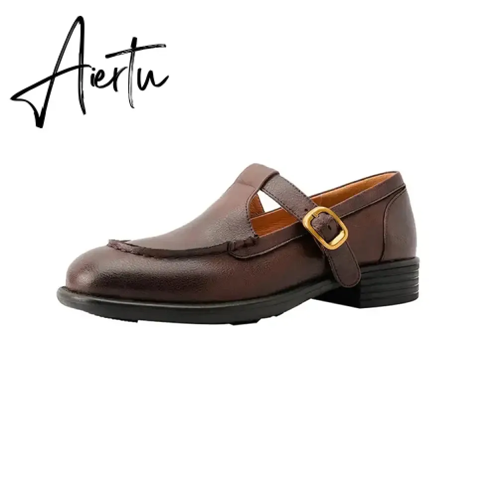 Aiertu NEW Spring Women's Pumps Genuine Leather Shoes for Women Round Toe Chunky Heel Shoes Retro Low Heel Mary Janes Retro Brown Shoes