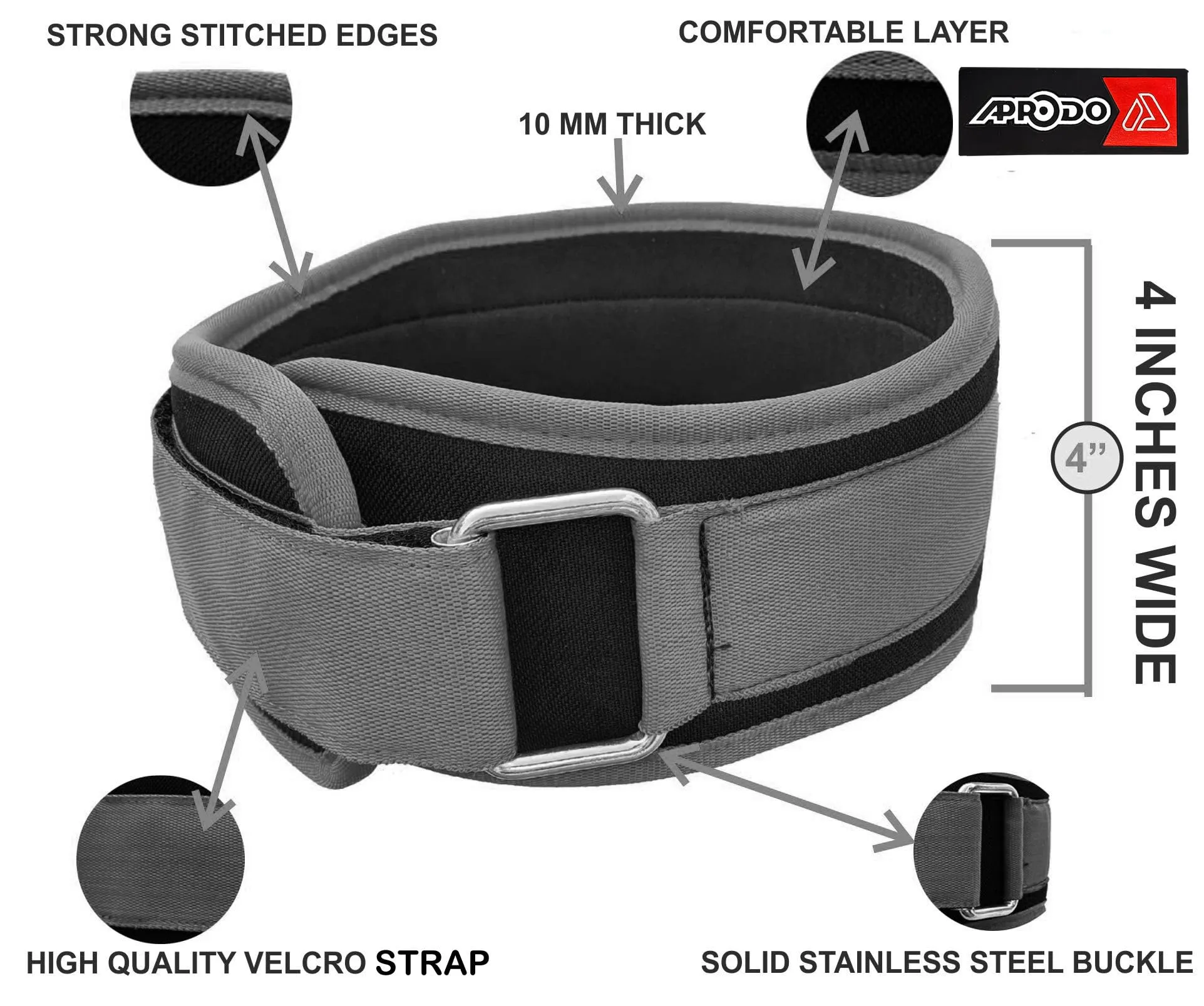 APRODO Multipurpose Weight Lifting Belt for Back Support Comfortable & Durable for Powerlifting, Weightlifting, Gym, Workout - 100% Nylon, (4 Inch Wide) for Men and Women (GREY, Medium 32'' - 36'')