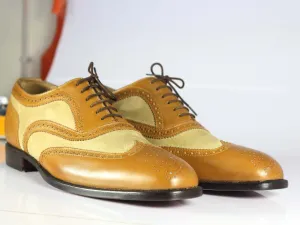 Bespoke Tan & Beige Leather Suede Wing Tip Shoes For Men's