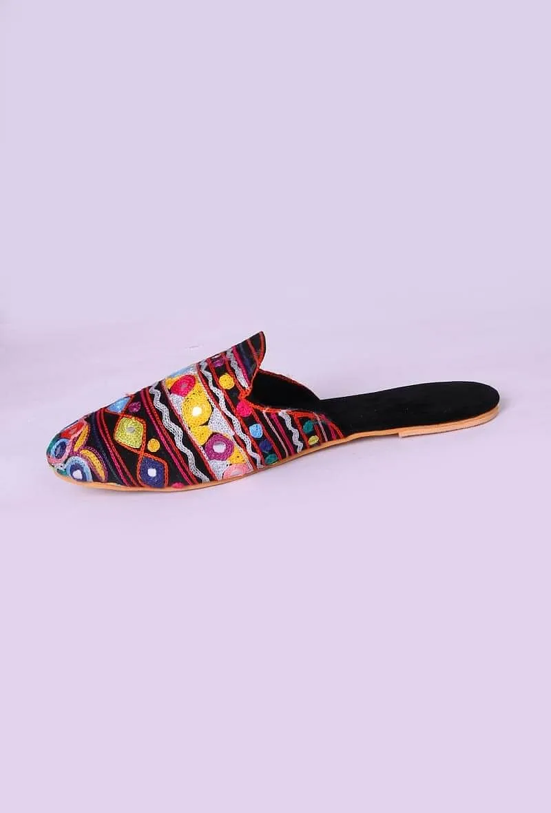 Black Chomuk Mirror Embroidery Suede Kutch Mules