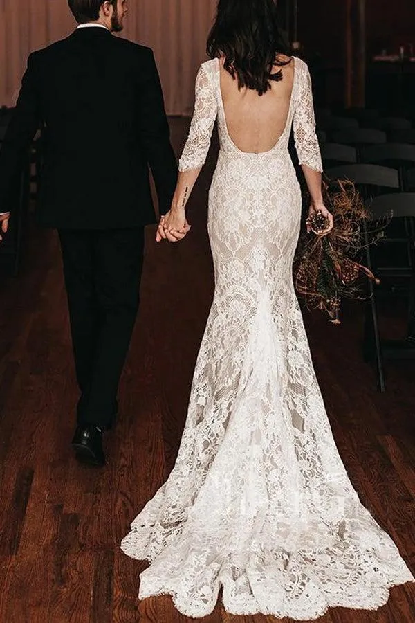 Boho Lace V Neck Mermaid Wedding Dresses With Court train WD581