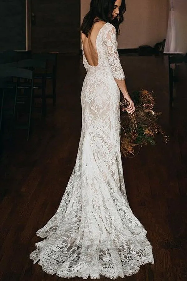 Boho Lace V Neck Mermaid Wedding Dresses With Court train WD581