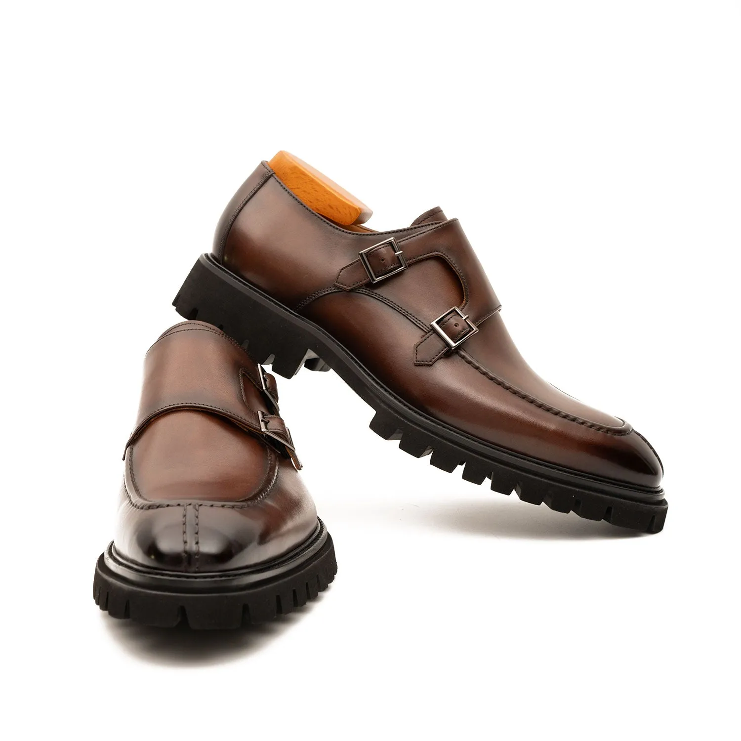 Brown Double Monk Strap Leather Shoes