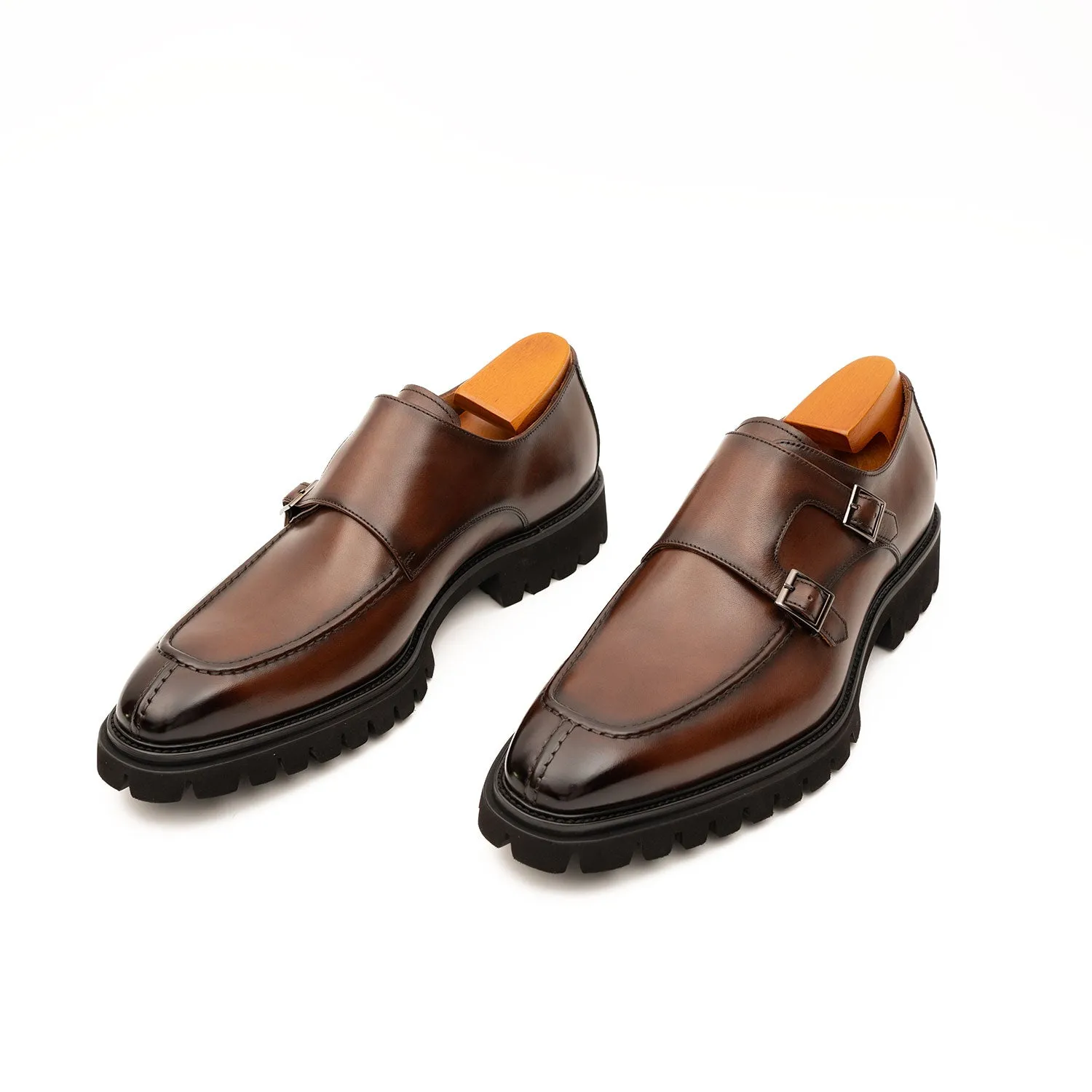 Brown Double Monk Strap Leather Shoes