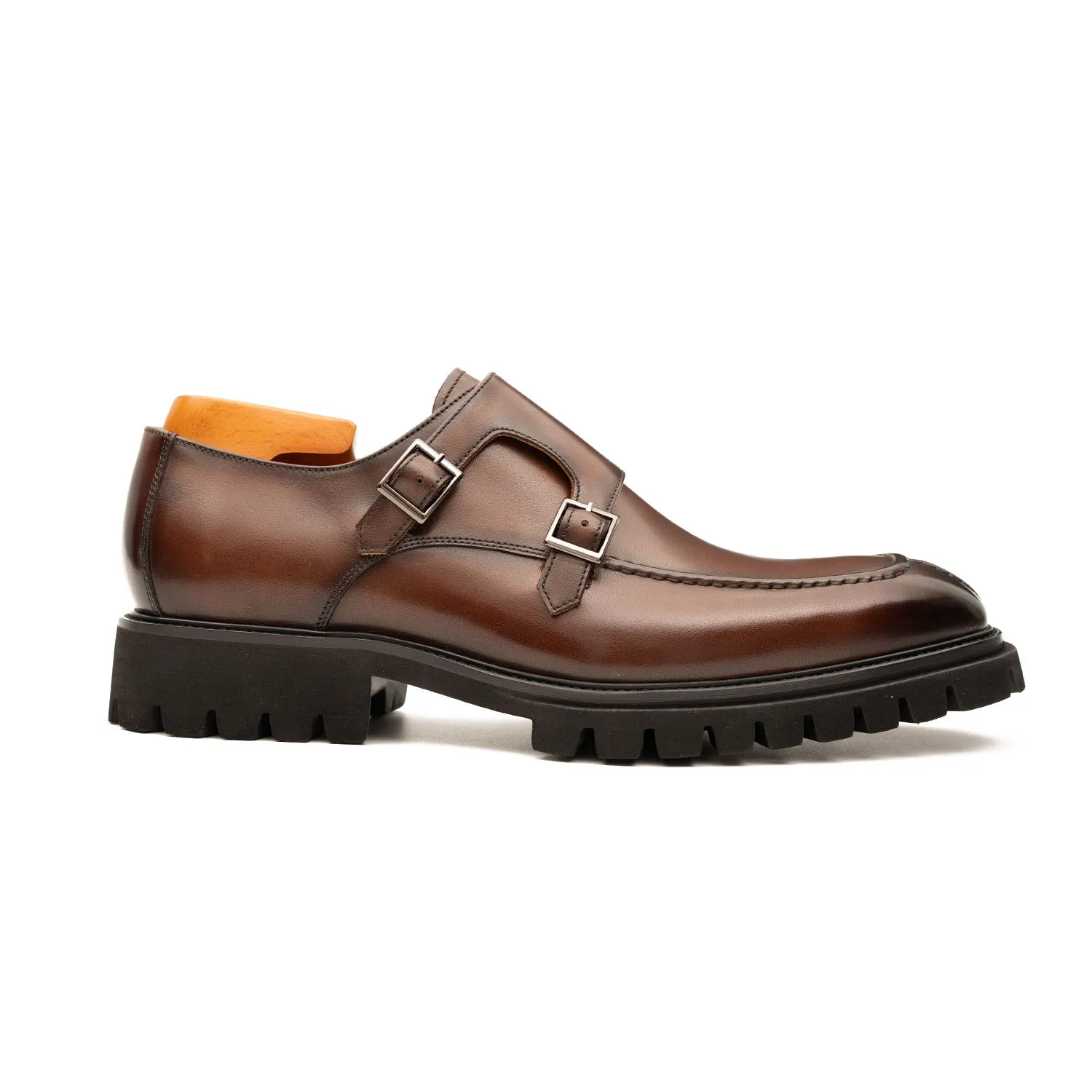 Brown Double Monk Strap Leather Shoes