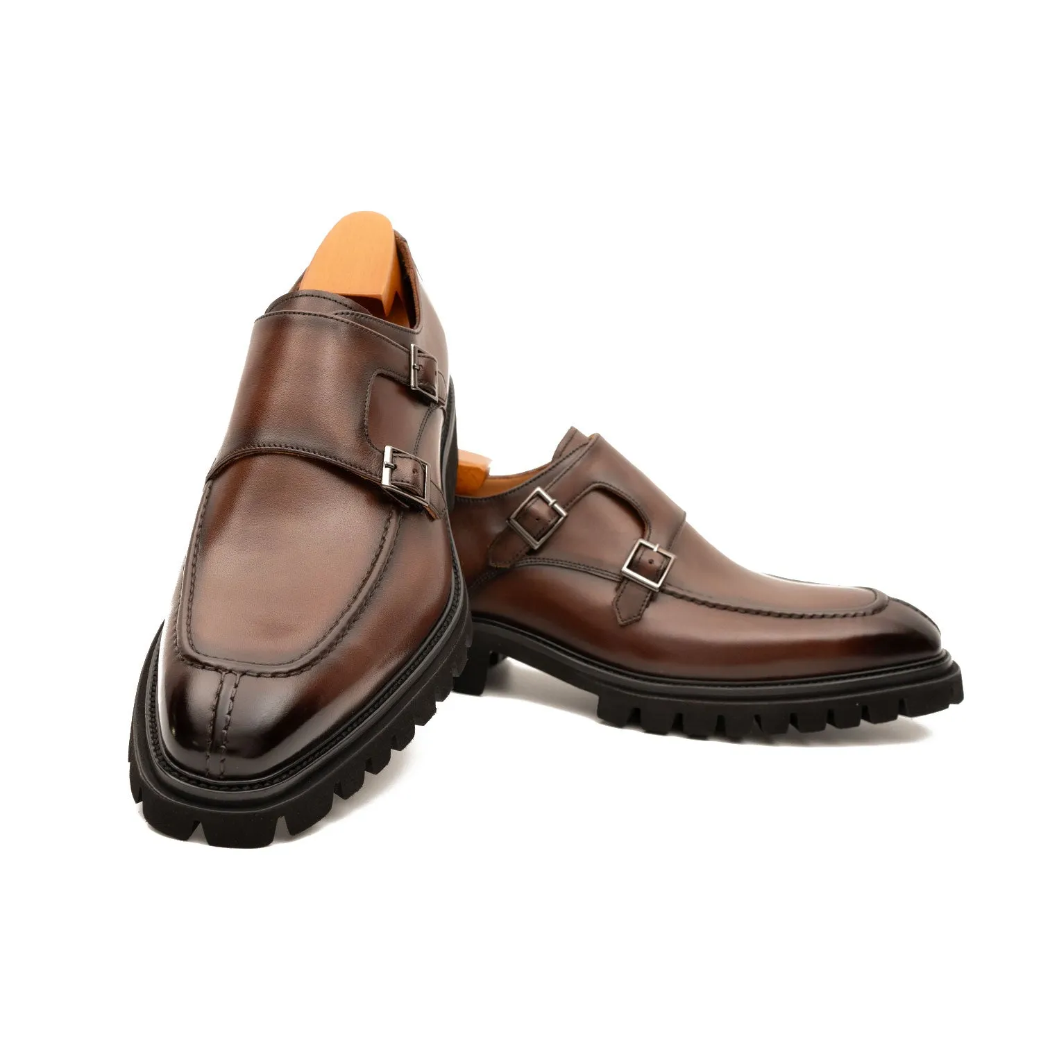 Brown Double Monk Strap Leather Shoes