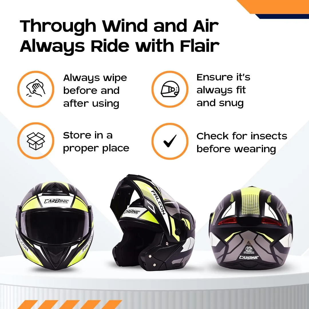 CARBINIC Falcon Series Full Face Flip-up Helmet for Men & Women | ISI Certified | Clear & Scratch Resistant Visor | Lightweight & Stylish | Medium | Green Graphic