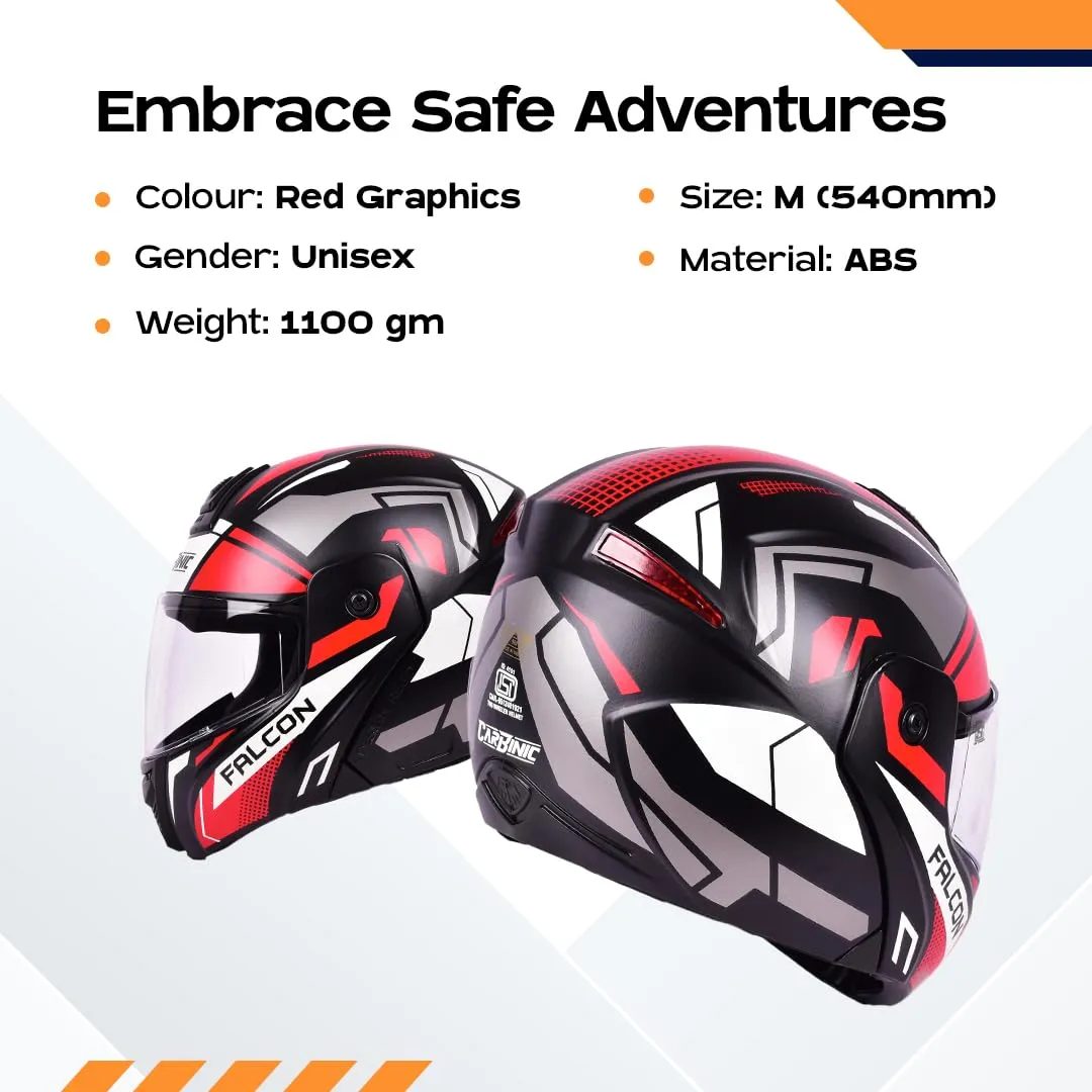 CARBINIC Falcon Series Full Face Flip-up Helmet for Men & Women | ISI Certified | Clear & Scratch Resistant Visor | Lightweight & Stylish | Medium | Red Graphic