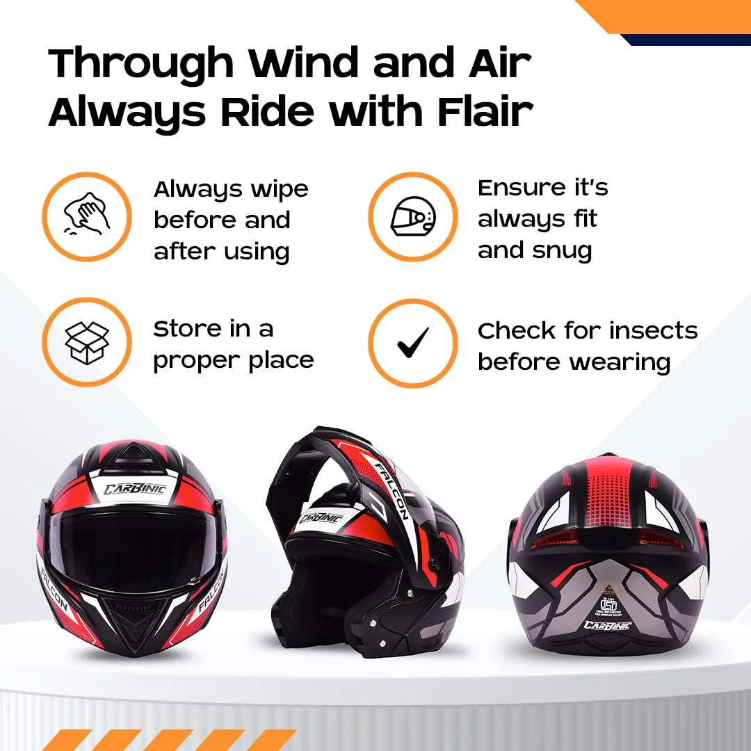 CARBINIC Falcon Series Full Face Flip-up Helmet for Men & Women | ISI Certified | Clear & Scratch Resistant Visor | Lightweight & Stylish | Medium | Red Graphic