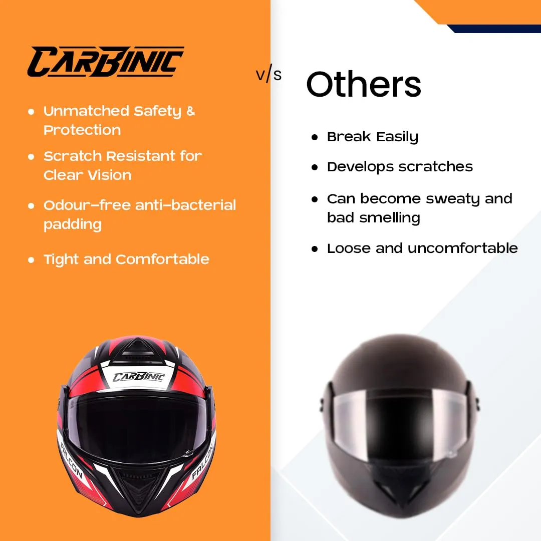 CARBINIC Falcon Series Full Face Flip-up Helmet for Men & Women | ISI Certified | Clear & Scratch Resistant Visor | Lightweight & Stylish | Medium | Red Graphic