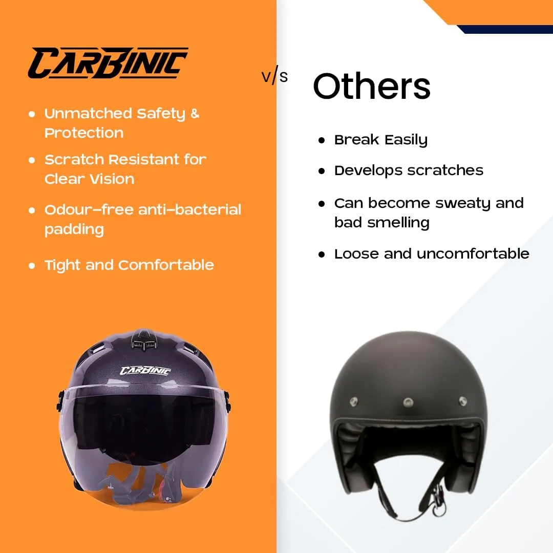 CARBINIC Knight Series Half Face Helmet for Men & Women | ISI Certified | Clear & Scratch Resistant Visor | Lightweight & Stylish | Medium | Grey