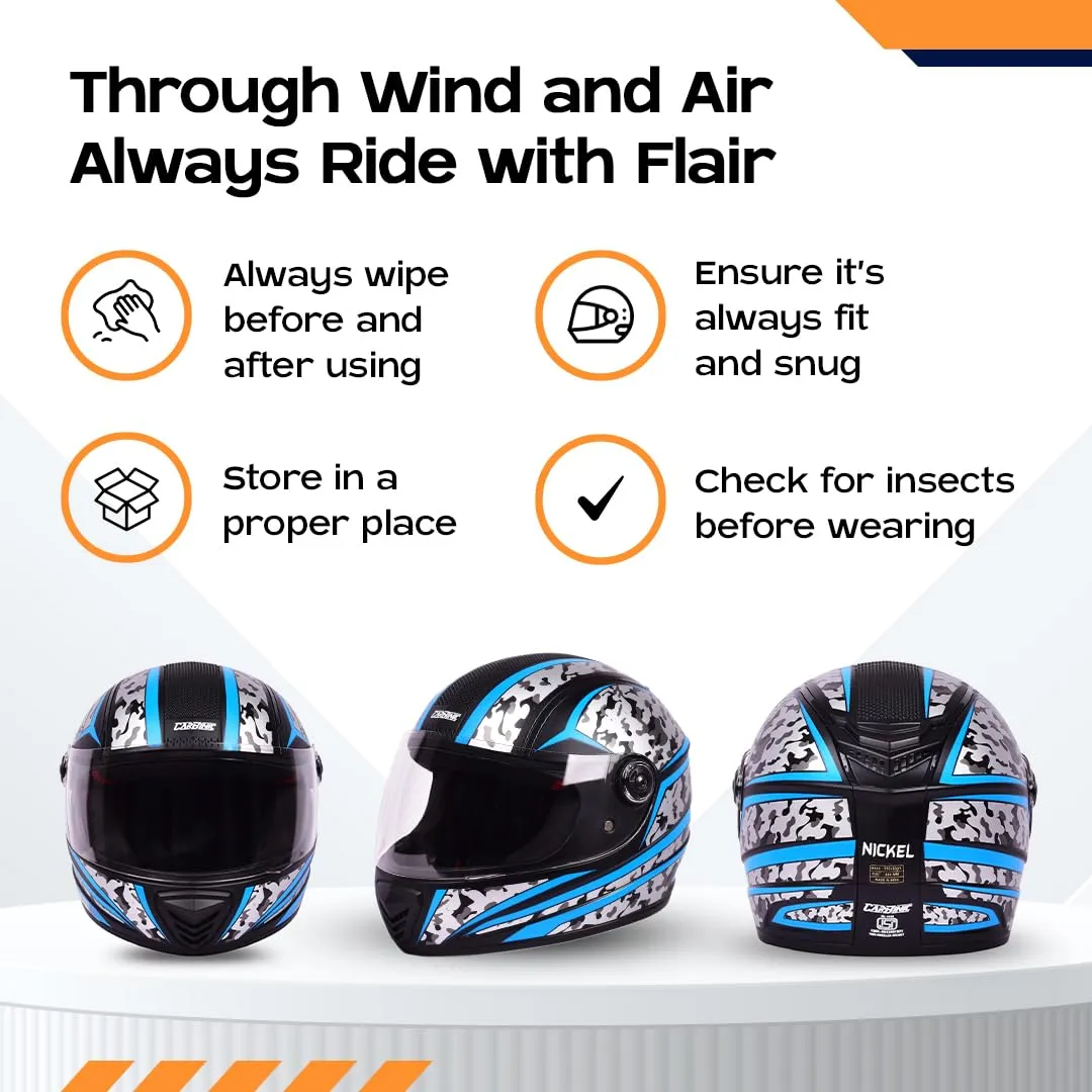 CARBINIC Nickel Series Full Face Helmet for Men & Women | ISI Certified | Clear & Scratch Resistant Visor | Lightweight & Stylish | Medium | Blue Graphic