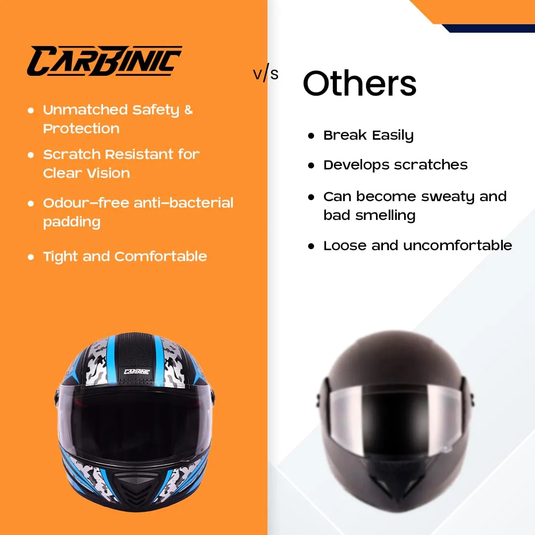 CARBINIC Nickel Series Full Face Helmet for Men & Women | ISI Certified | Clear & Scratch Resistant Visor | Lightweight & Stylish | Medium | Blue Graphic