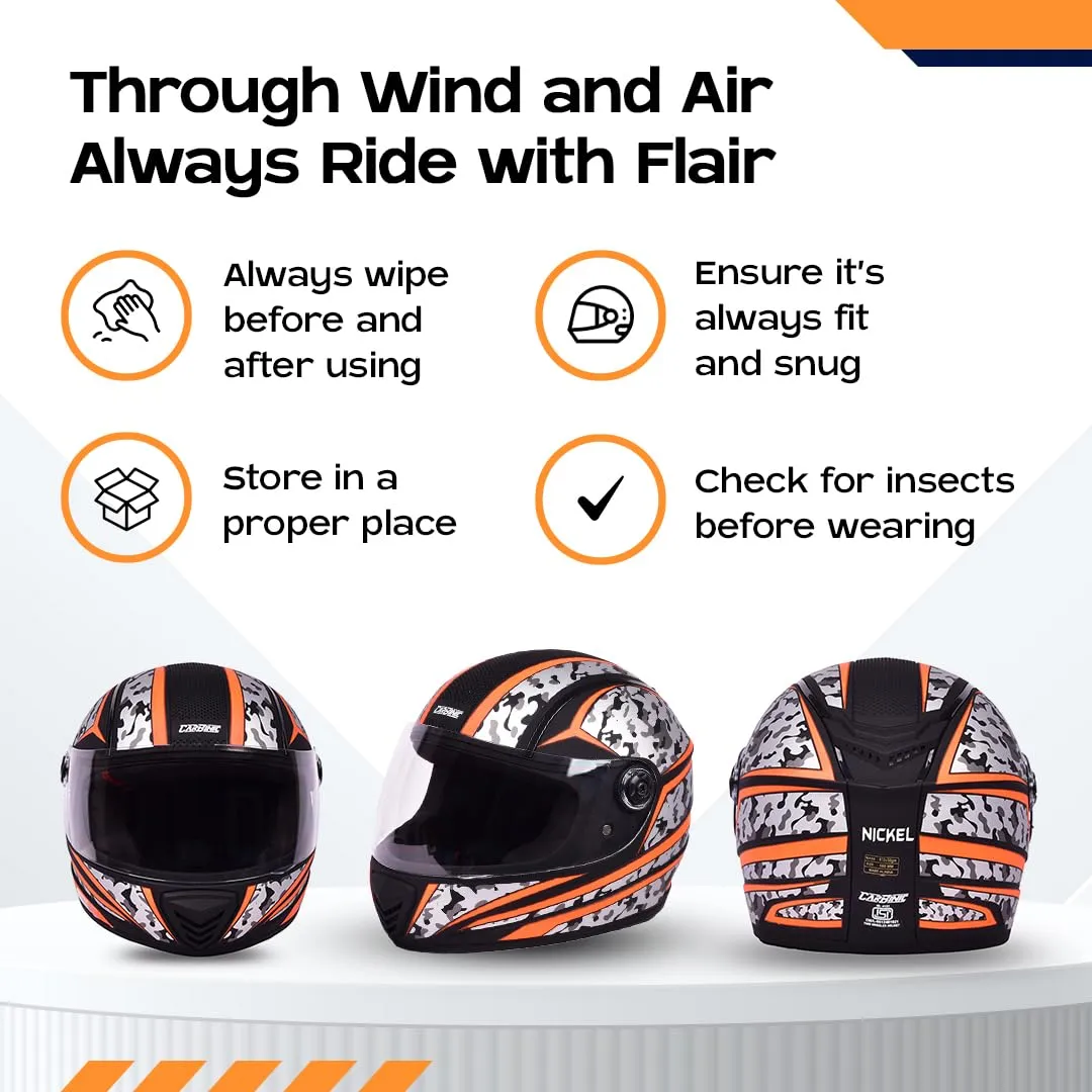 CARBINIC Nickel Series Full Face Helmet for Men & Women | ISI Certified | Clear & Scratch Resistant Visor | Lightweight & Stylish | Medium | Orange Graphic