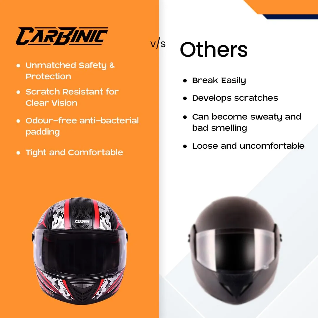 CARBINIC Nickel Series Full Face Helmet for Men & Women | ISI Certified | Clear & Scratch Resistant Visor | Lightweight & Stylish | Medium | Red Graphic