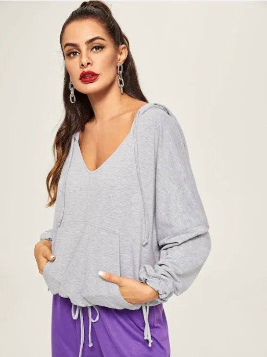 Casual Loose Gray Deep V Sweatshirts Pullover / Yoga