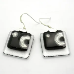 Celestial Black Stacked Glass Squares Sterling Silver Earrings