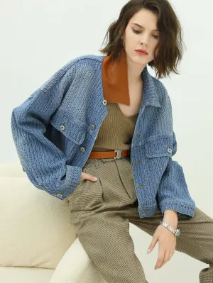 Classic Simple Blue Patchwork Loose Fit Denim Jacket