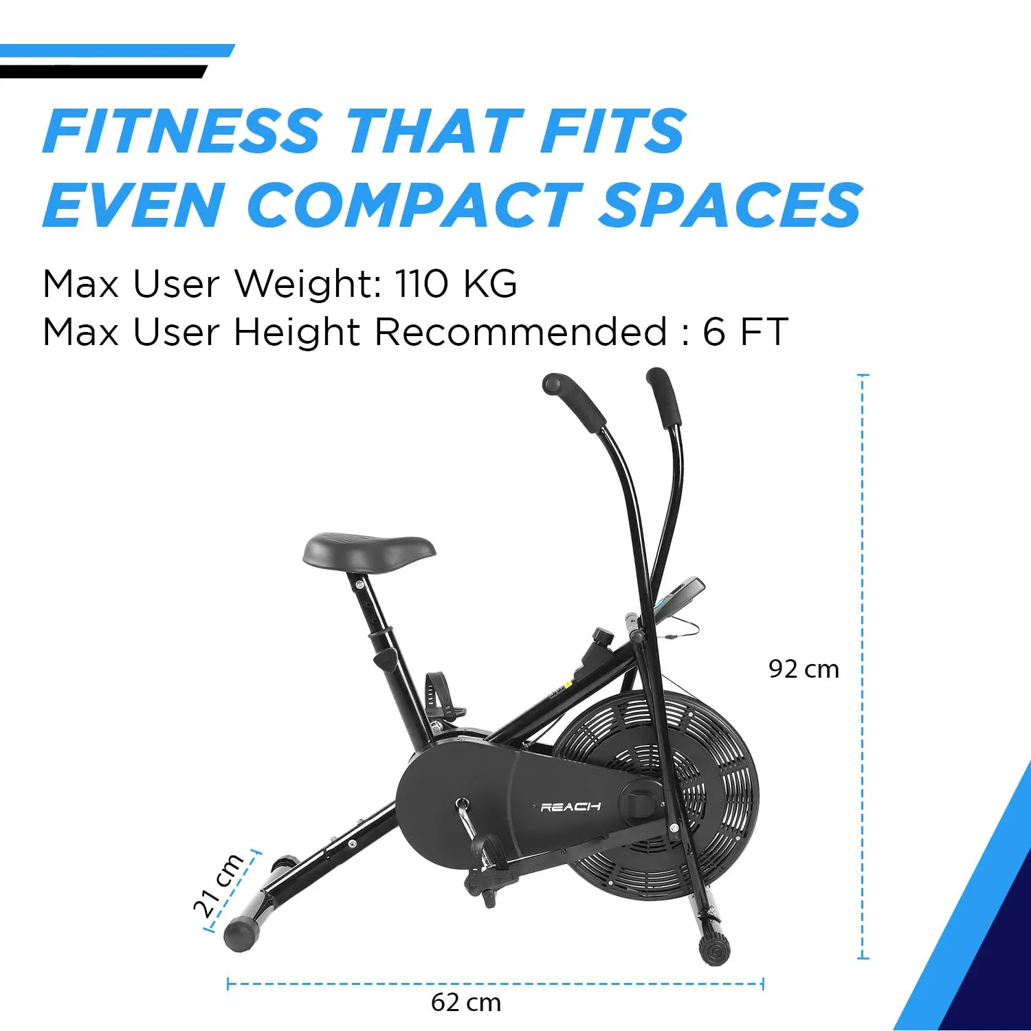 ELEV8 by Reach AB-110 Air Bike Exercise Cycle with Moving or Stationary Handle | Adjustable Resistance with Cushioned Seat | Fitness Cycle for Home Gym