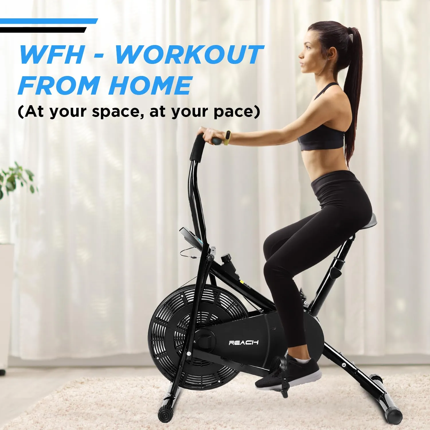 ELEV8 by Reach AB-110 Air Bike Exercise Cycle with Moving or Stationary Handle | Adjustable Resistance with Cushioned Seat | Fitness Cycle for Home Gym