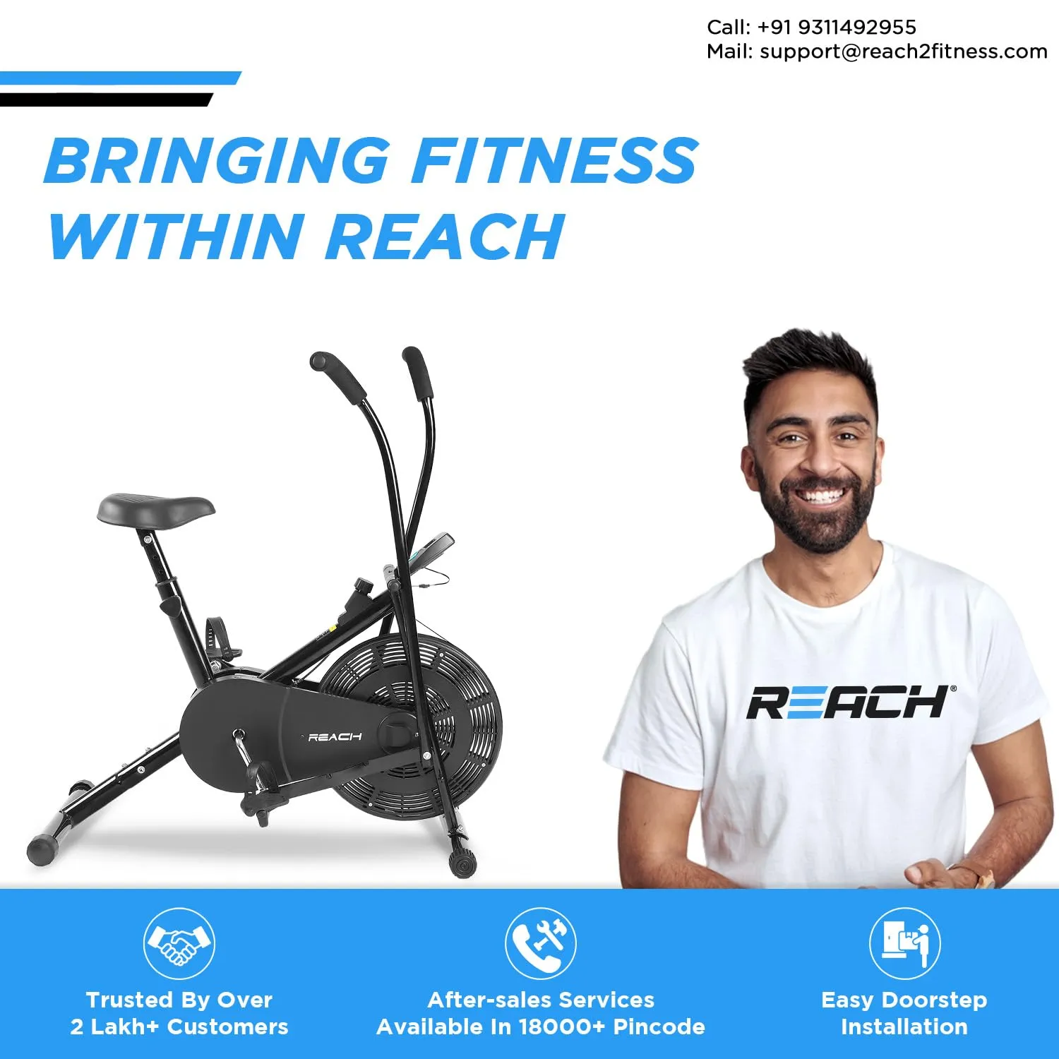 ELEV8 by Reach AB-110 Air Bike Exercise Cycle with Moving or Stationary Handle | Adjustable Resistance with Cushioned Seat | Fitness Cycle for Home Gym