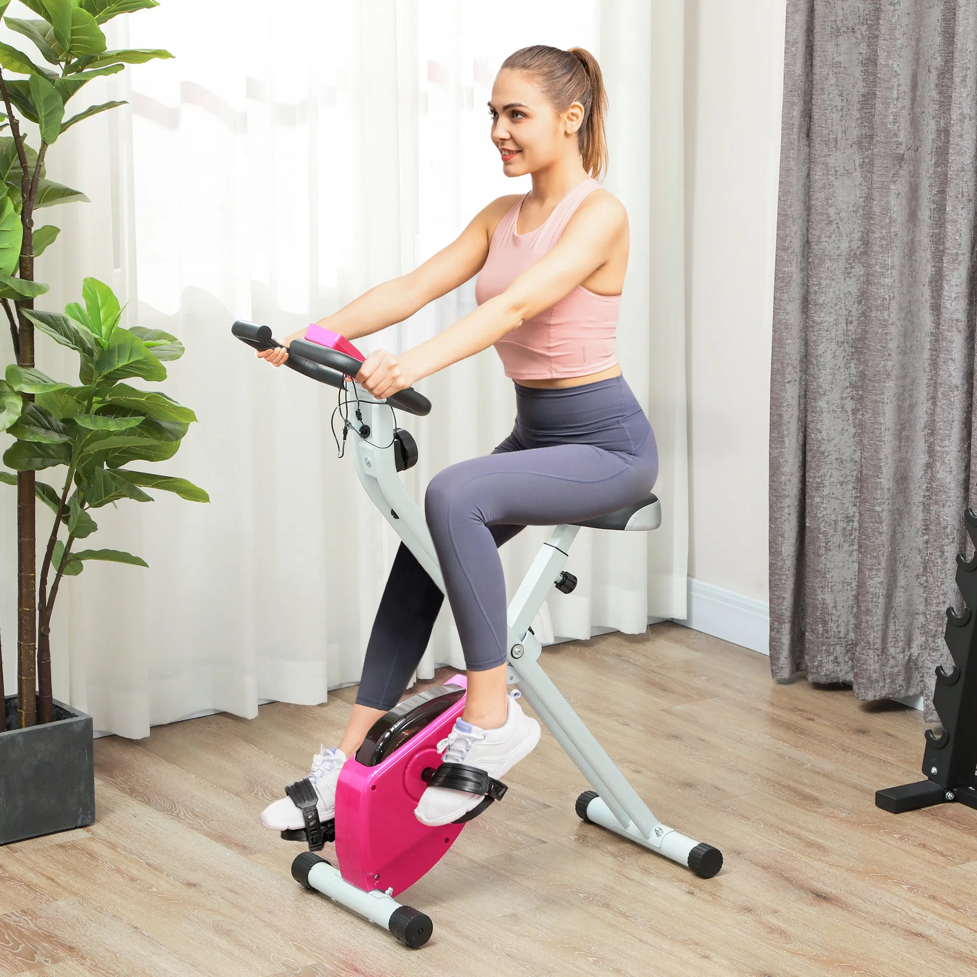 Folding Exercise Bike with Heart-Rate Sensor for Home Use, Pink/White