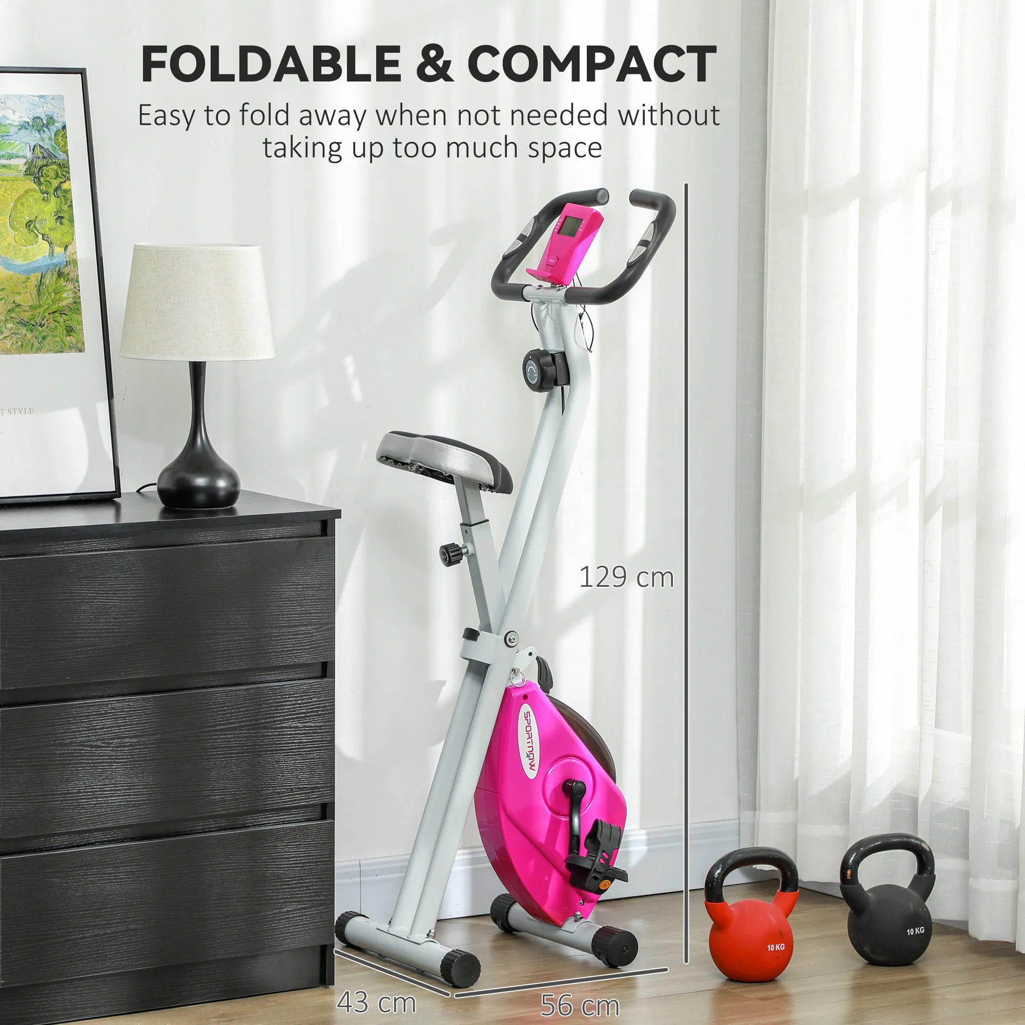 Folding Exercise Bike with Heart-Rate Sensor for Home Use, Pink/White