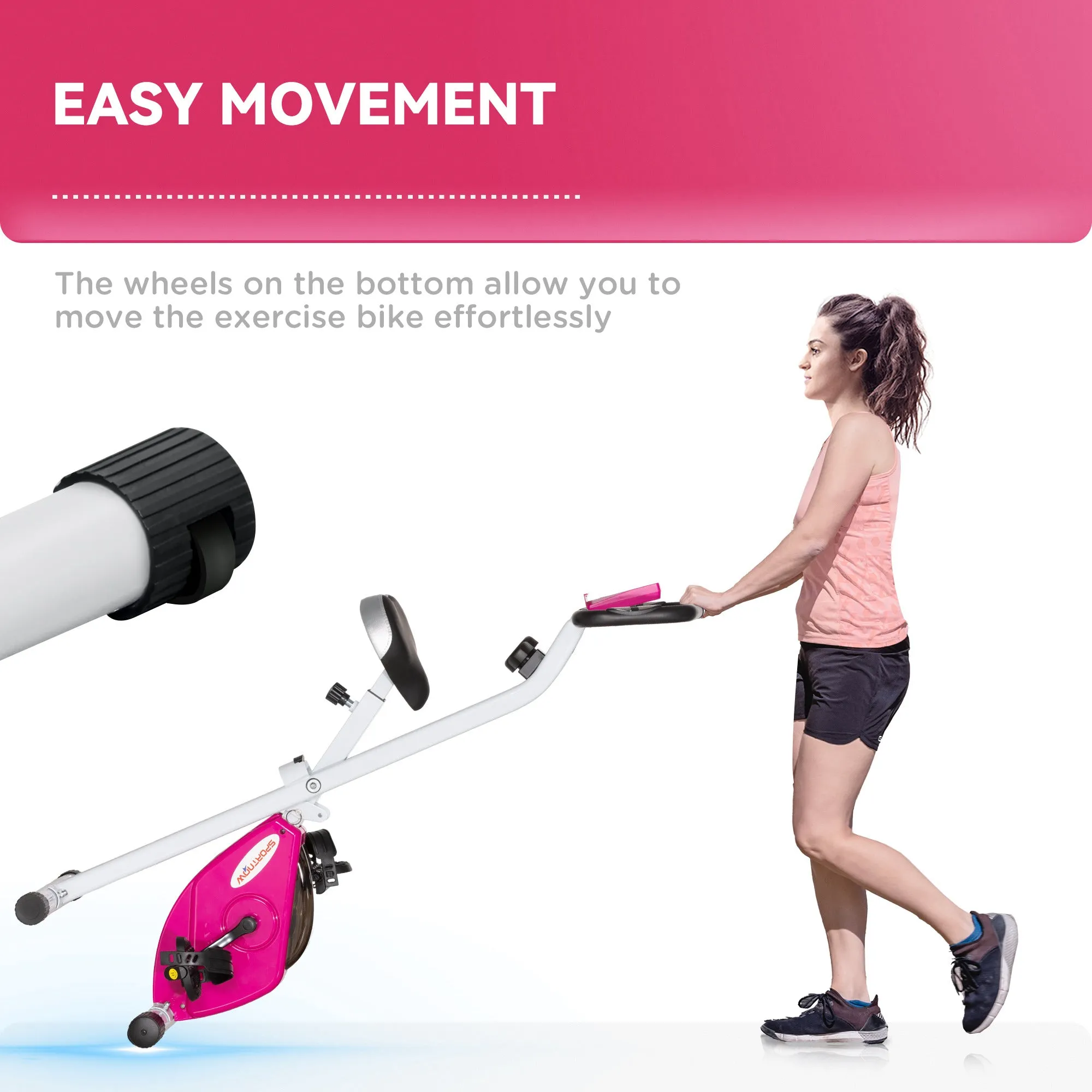 Folding Exercise Bike with Heart-Rate Sensor for Home Use, Pink/White