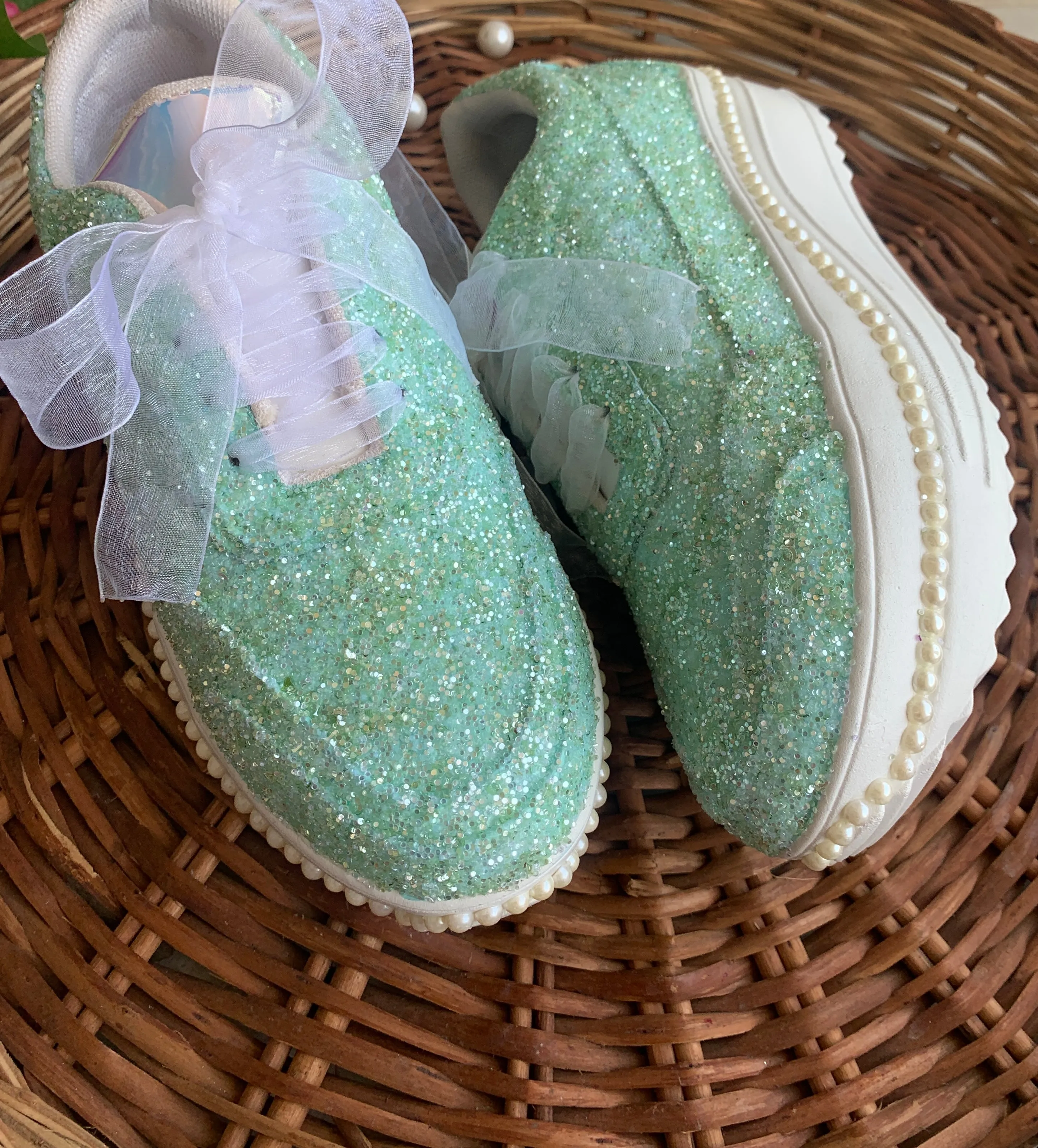 FUNKY N TRENDY green glitter heeled sneakers with pearl detailing for brides /bridesmaids / sneakers for bridesmaids/ handcrafted sneakers/ glitter sneakers / bridal sneakers / bridesmaid sneakers/ sea green sneakers / green shoes