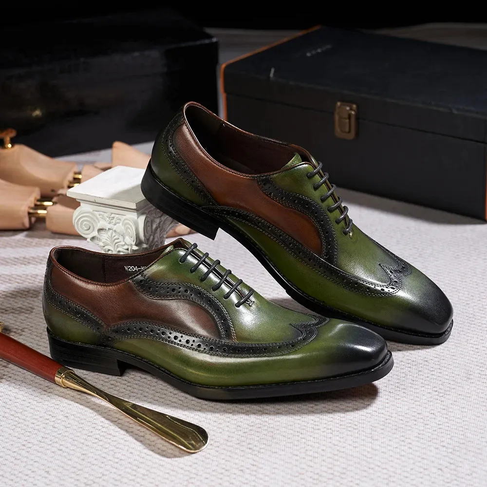 Green Color Genuine Leather Brogue Shoes