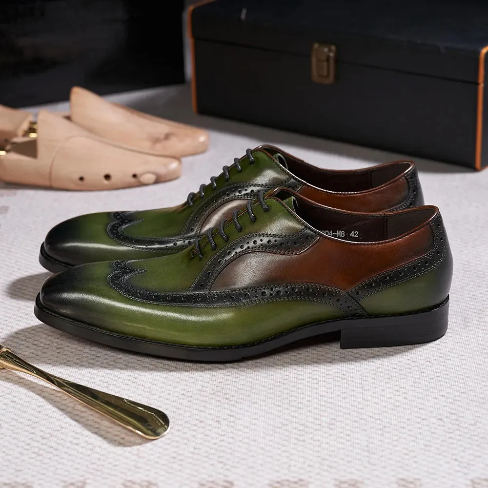 Green Color Genuine Leather Brogue Shoes