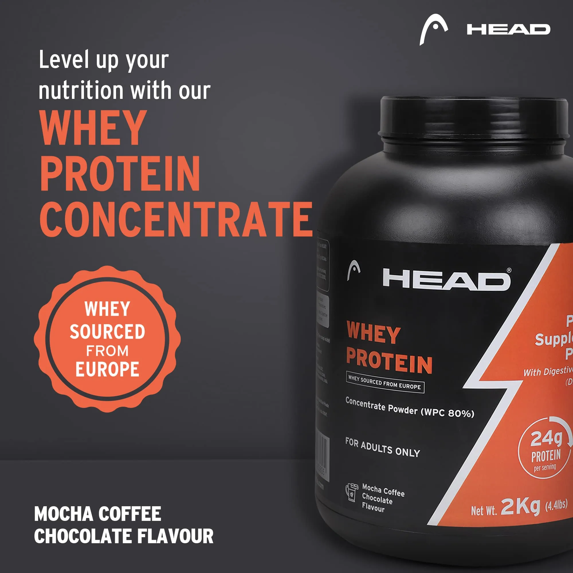 Head Premium 100% Whey Protein Concentrate Powder, Pack of 2Kg, Mocha Coffee Flavor, 60 Servings, for Athletes, Sports & Fitness Enthusiast, Muscle Strength & Bone Health, Sugarfree, for Daily Protein Intake