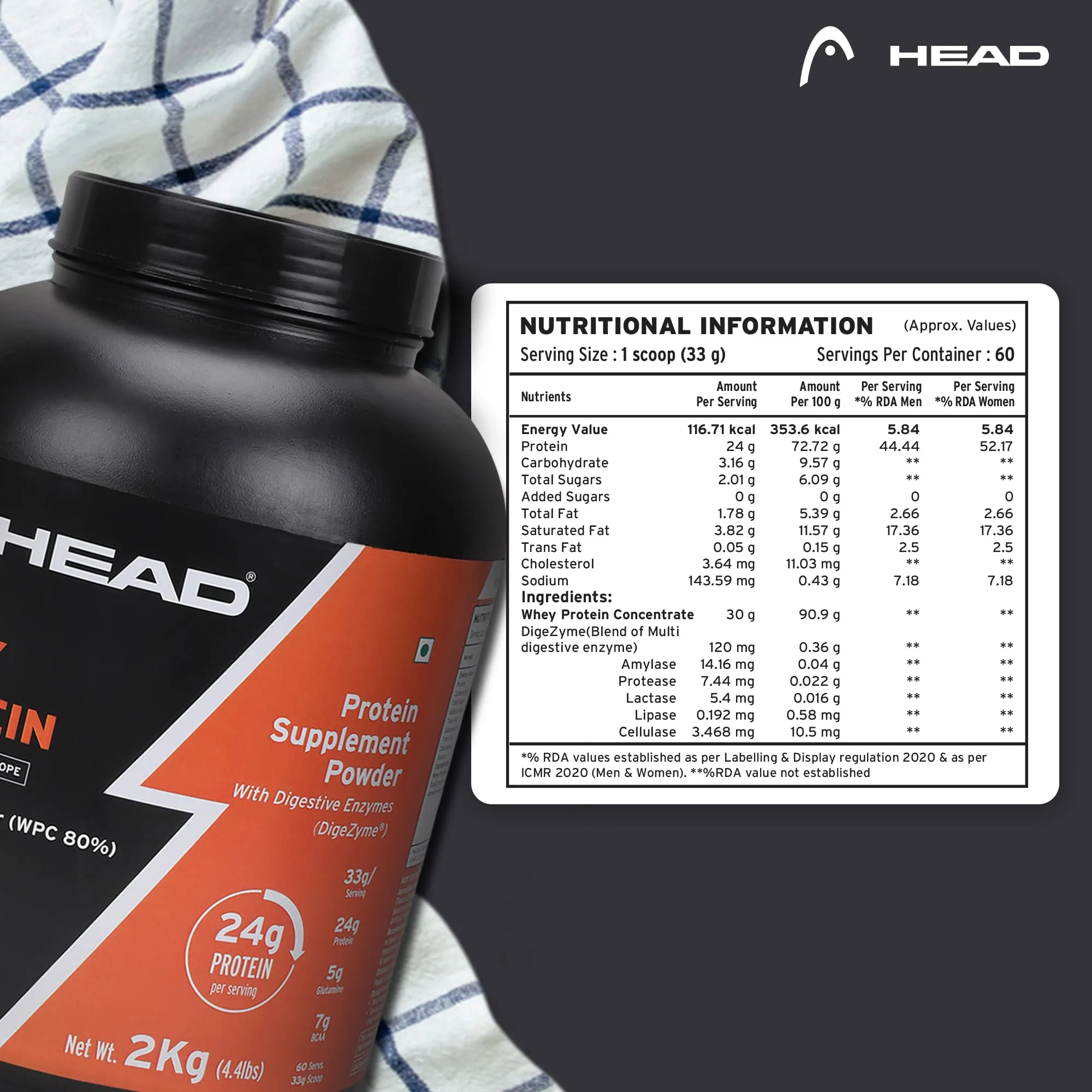 Head Premium 100% Whey Protein Concentrate Powder, Pack of 2Kg, Mocha Coffee Flavor, 60 Servings, for Athletes, Sports & Fitness Enthusiast, Muscle Strength & Bone Health, Sugarfree, for Daily Protein Intake