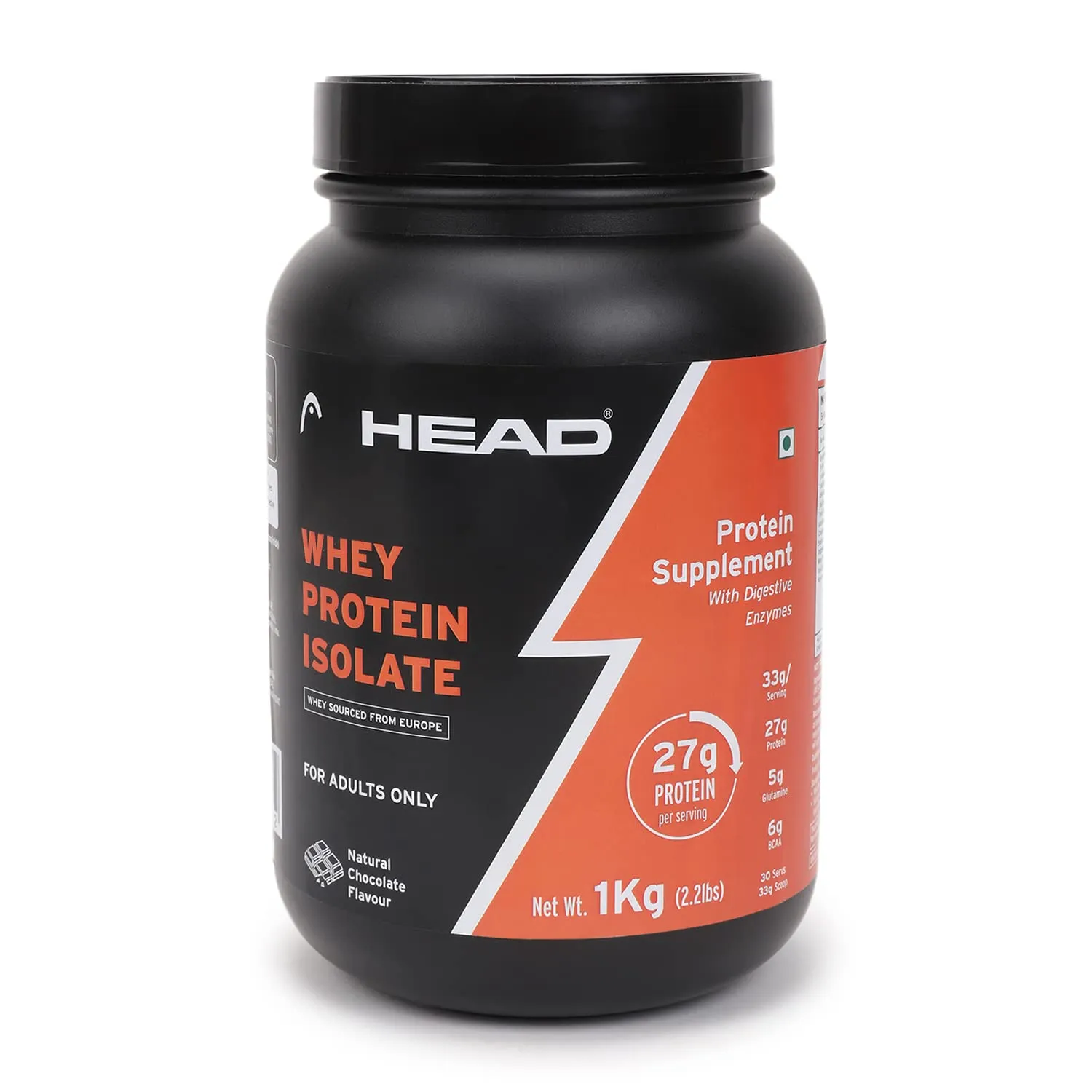 Head Premium 100% Whey Protein Powder Isolate, 1Kg, Natural Chocolate, 30 Servings, Sports & Fitness Enthusiast, Muscle Strength & Bone Health, Sugarfree - Primary Source - Whey Isolate (Sourced from Europe)