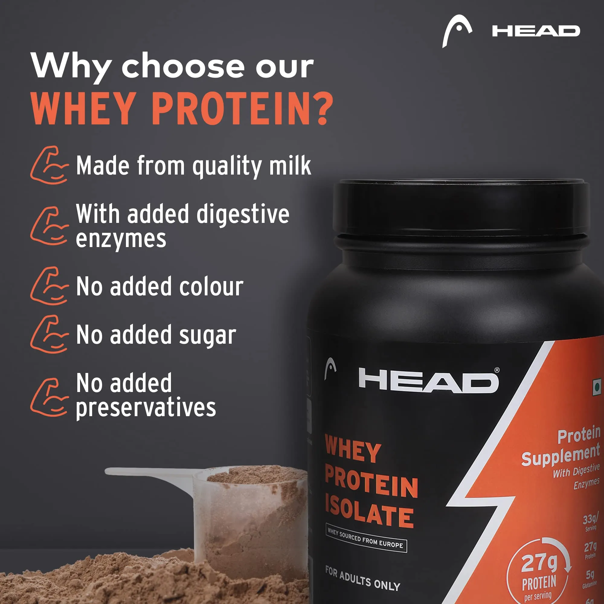 Head Premium 100% Whey Protein Powder Isolate, 1Kg, Natural Chocolate, 30 Servings, Sports & Fitness Enthusiast, Muscle Strength & Bone Health, Sugarfree - Primary Source - Whey Isolate (Sourced from Europe)