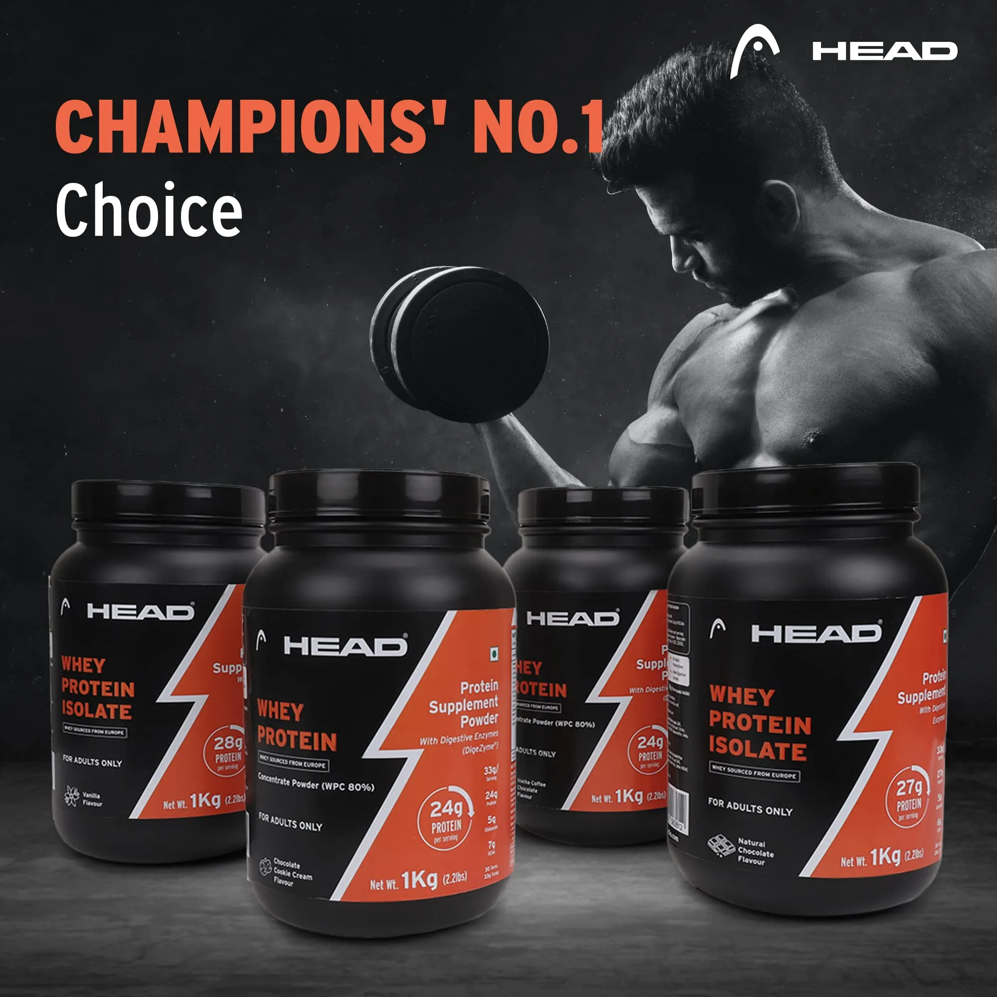 Head Premium 100% Whey Protein Powder Isolate, 1Kg, Natural Chocolate, 30 Servings, Sports & Fitness Enthusiast, Muscle Strength & Bone Health, Sugarfree - Primary Source - Whey Isolate (Sourced from Europe)