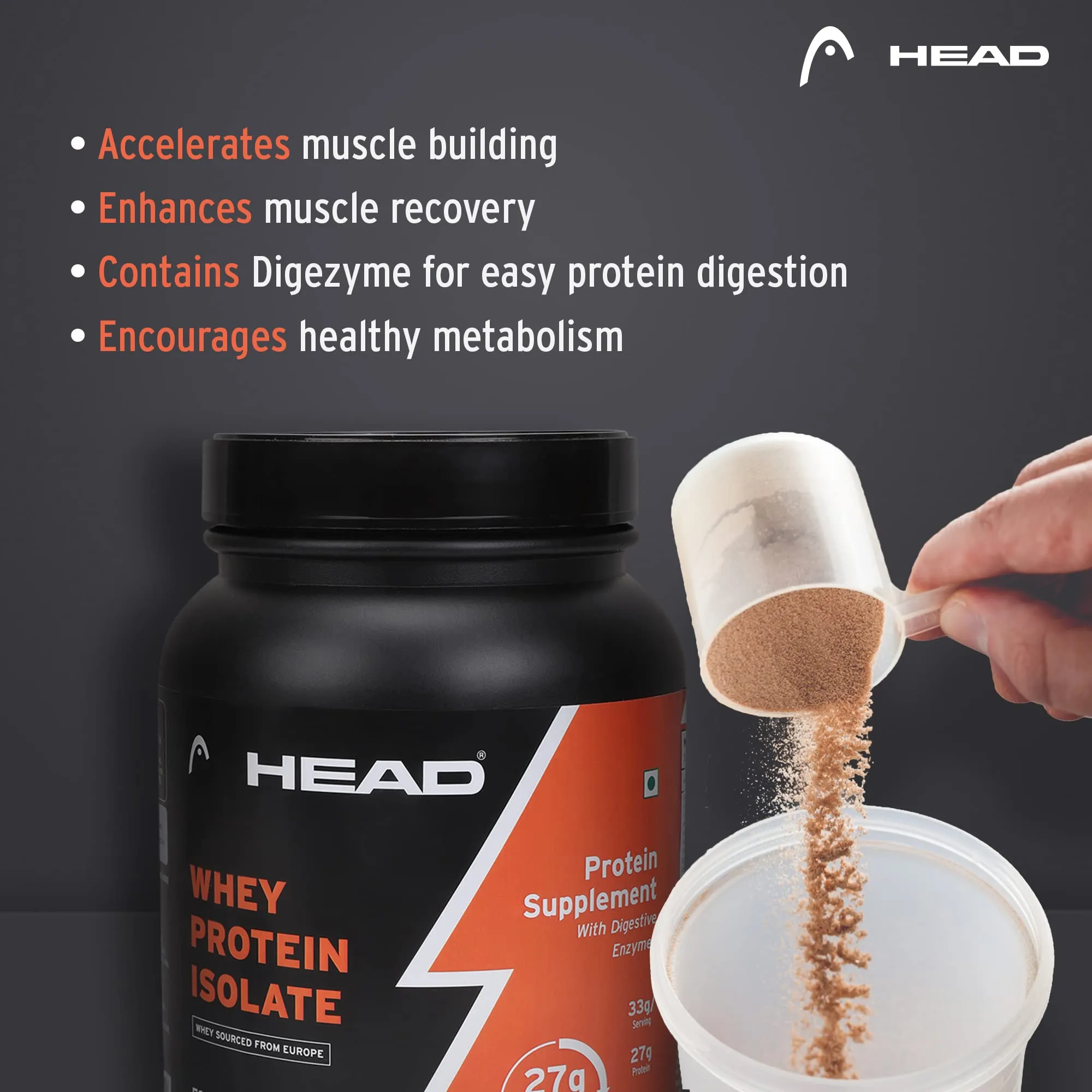 Head Premium 100% Whey Protein Powder Isolate, 1Kg, Natural Chocolate, 30 Servings, Sports & Fitness Enthusiast, Muscle Strength & Bone Health, Sugarfree - Primary Source - Whey Isolate (Sourced from Europe)