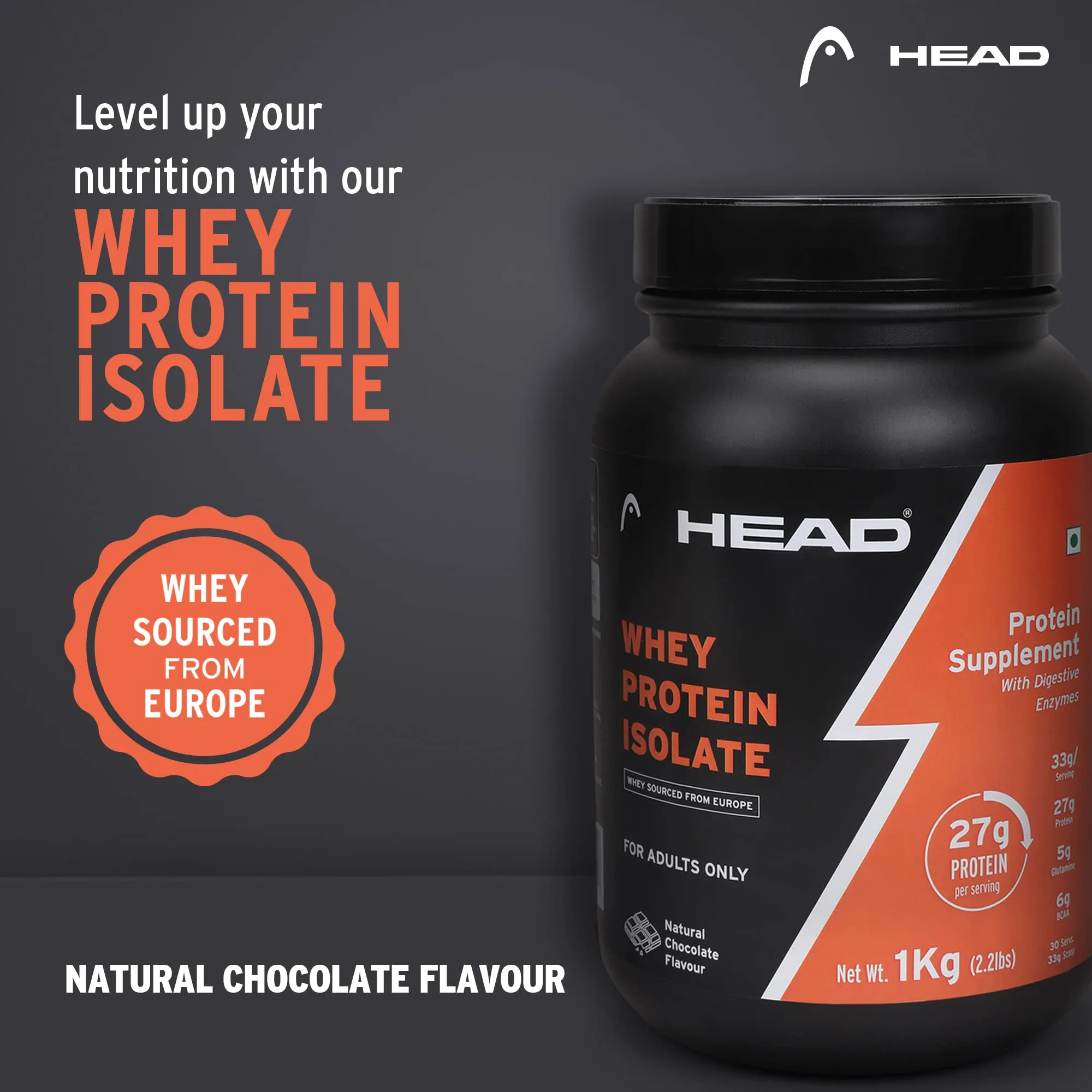 Head Premium 100% Whey Protein Powder Isolate, 1Kg, Natural Chocolate, 30 Servings, Sports & Fitness Enthusiast, Muscle Strength & Bone Health, Sugarfree - Primary Source - Whey Isolate (Sourced from Europe)