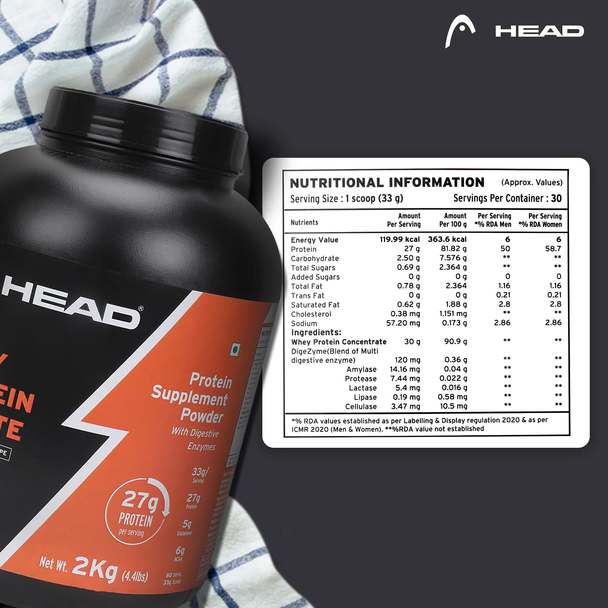 Head Premium 100% Whey Protein Powder Isolate, Pack of 2Kg for Athlete, Natural Chocolate, 60 Servings, Sports & Fitness Enthusiast, Muscle Strength & Bone Health, Sugarfree - Primary Source - Whey Isolate (Sourced From Europe)