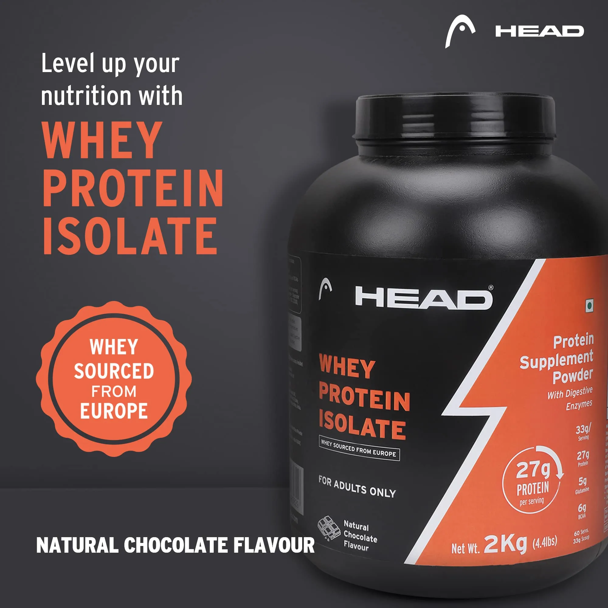 Head Premium 100% Whey Protein Powder Isolate, Pack of 2Kg for Athlete, Natural Chocolate, 60 Servings, Sports & Fitness Enthusiast, Muscle Strength & Bone Health, Sugarfree - Primary Source - Whey Isolate (Sourced From Europe)