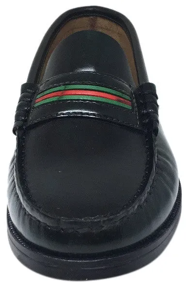 Hoo Shoes Boy's and Girl's Mark's Dark Green Smooth Leather Red Green Striped Slip On Oxford Loafer Shoe