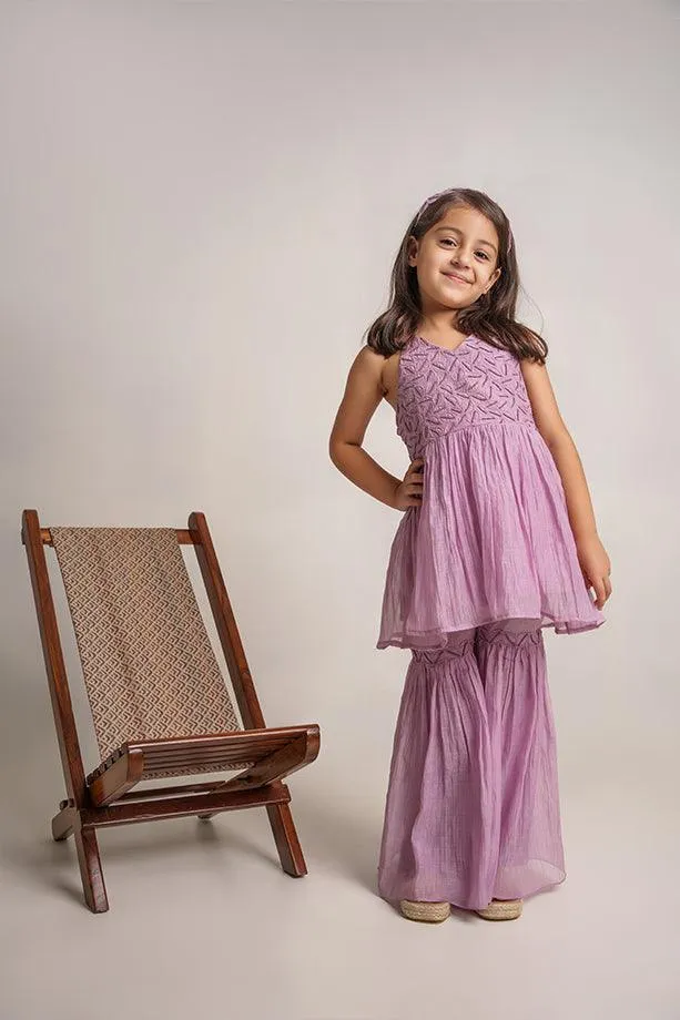 Itsy Bitsy- Lavender Chanderi Silk Hand Embroidered  Peplum Top & Gharara Set for Girls