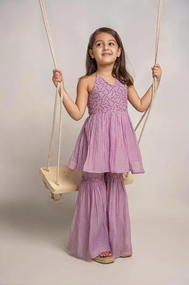 Itsy Bitsy- Lavender Chanderi Silk Hand Embroidered  Peplum Top & Gharara Set for Girls