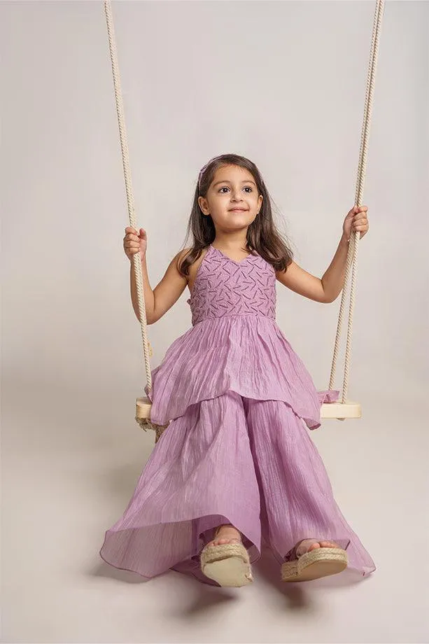 Itsy Bitsy- Lavender Chanderi Silk Hand Embroidered  Peplum Top & Gharara Set for Girls