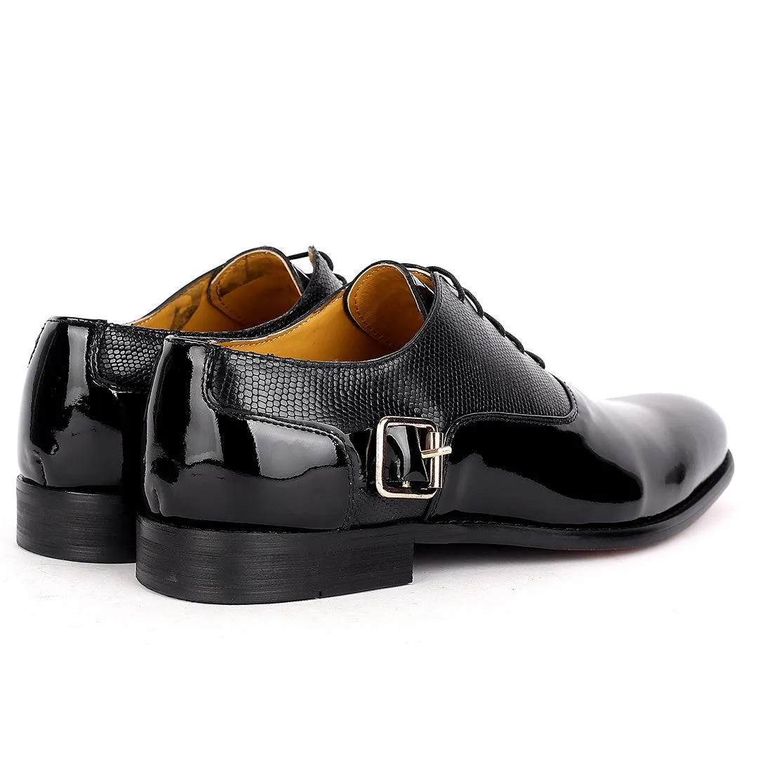 John Mendson Royal Glossy Black Leather Shoe With Side Belt Design